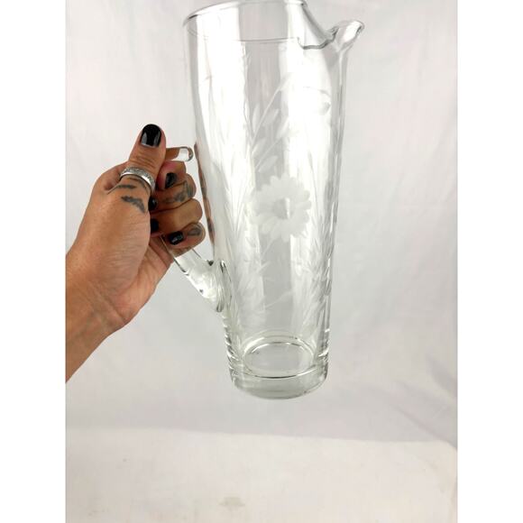 Vintage Mid Century Modern Floral Etched Tall Glass Pitcher 9" Hand Blown - Picture 7 of 13